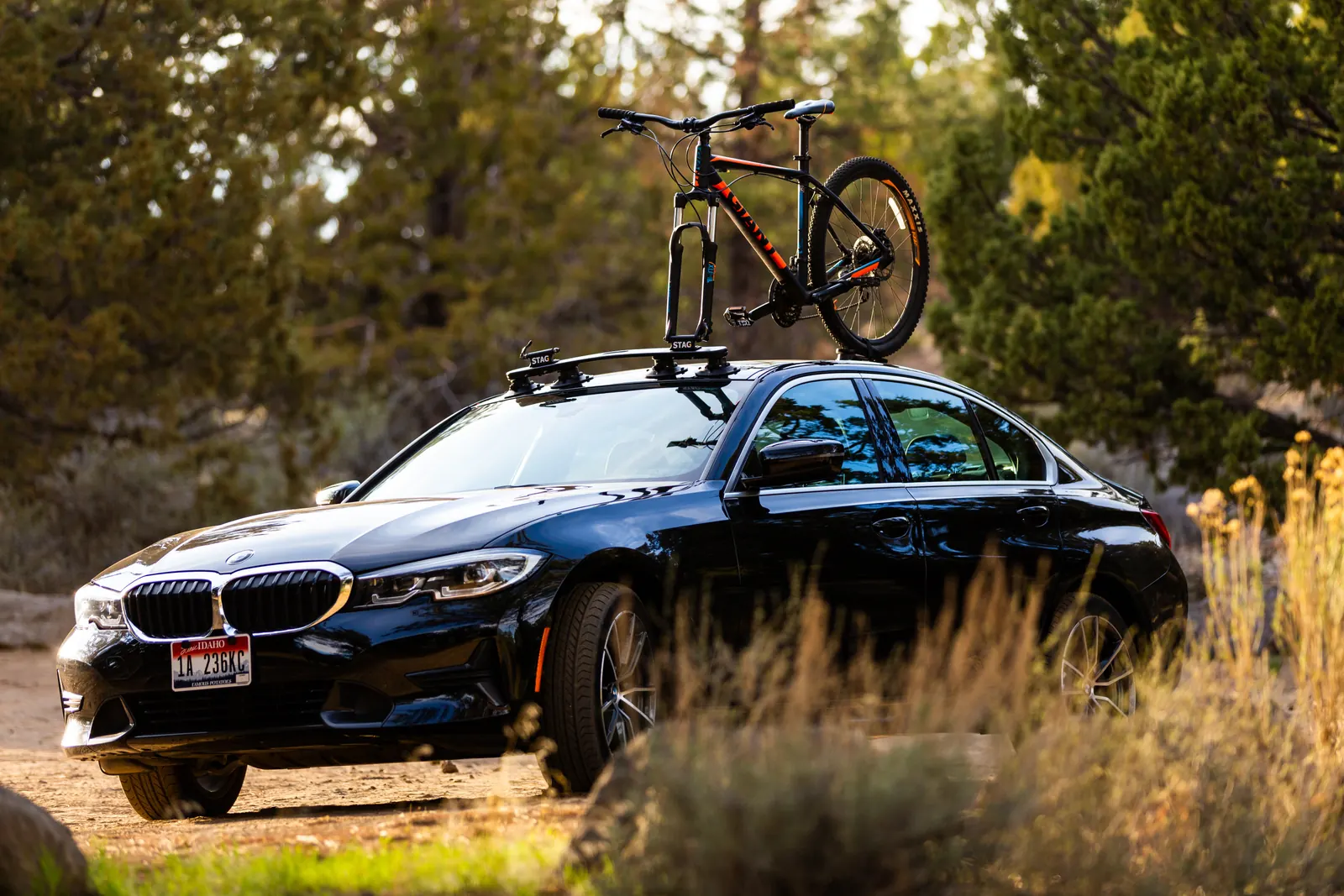 A bike on a STAG bike rack on a dark blue car